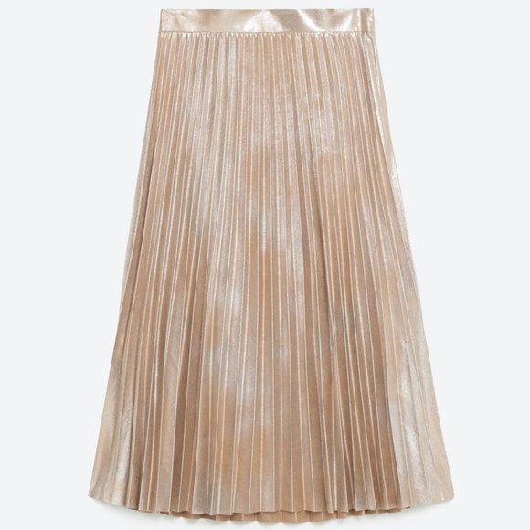 Zara Dresses & Skirts - ZARA BEIGE SILVER GOLD FOIL METALLIC PLEATED FAUX SUEDE SKIRT XS NWT